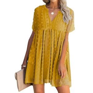 Miholl Yellow Pom Short Sleeve V Neck Flowy Shift Mini Dress Womens Small